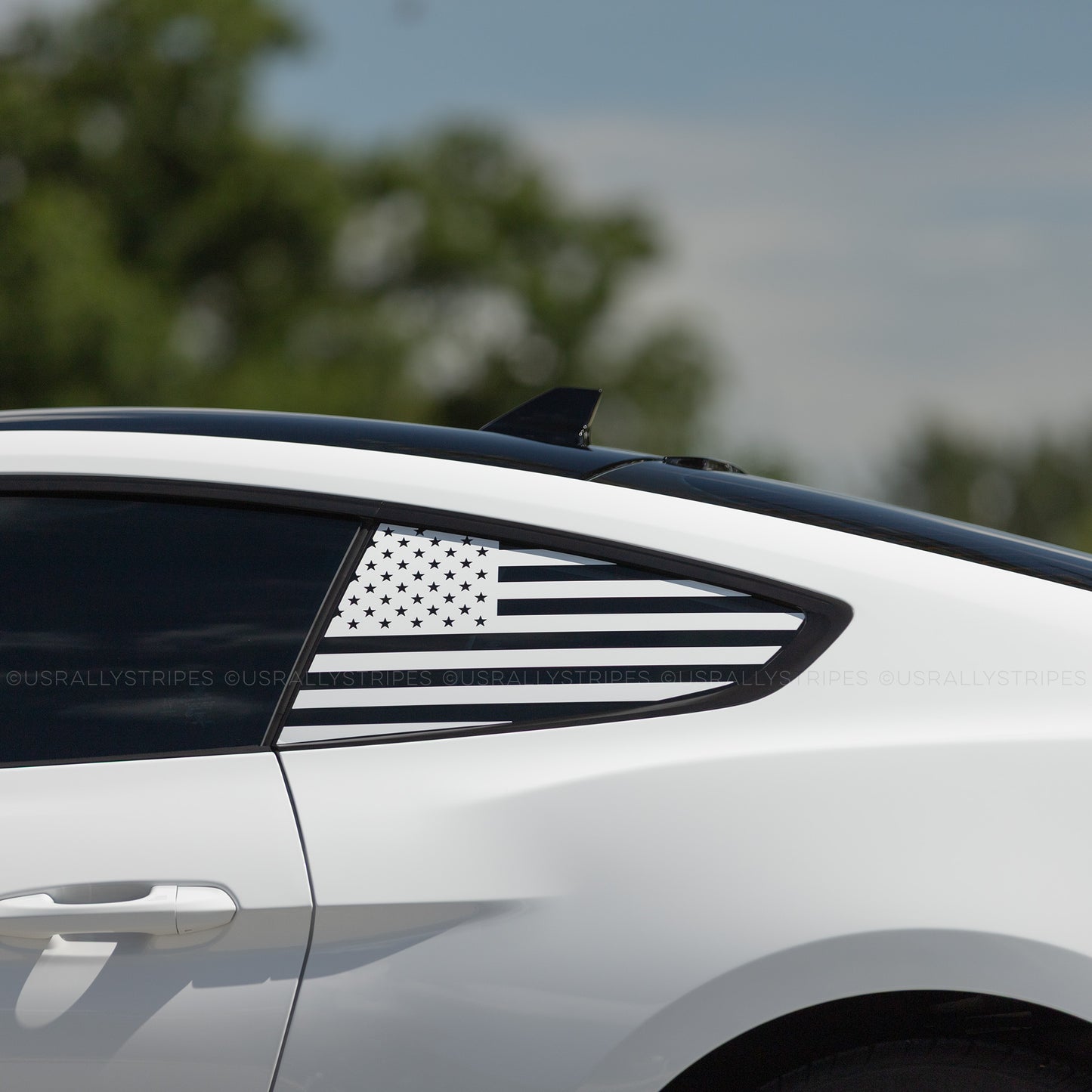 US flag pre-cut accent decal fits 2024 Ford Mustang quarter windows | white