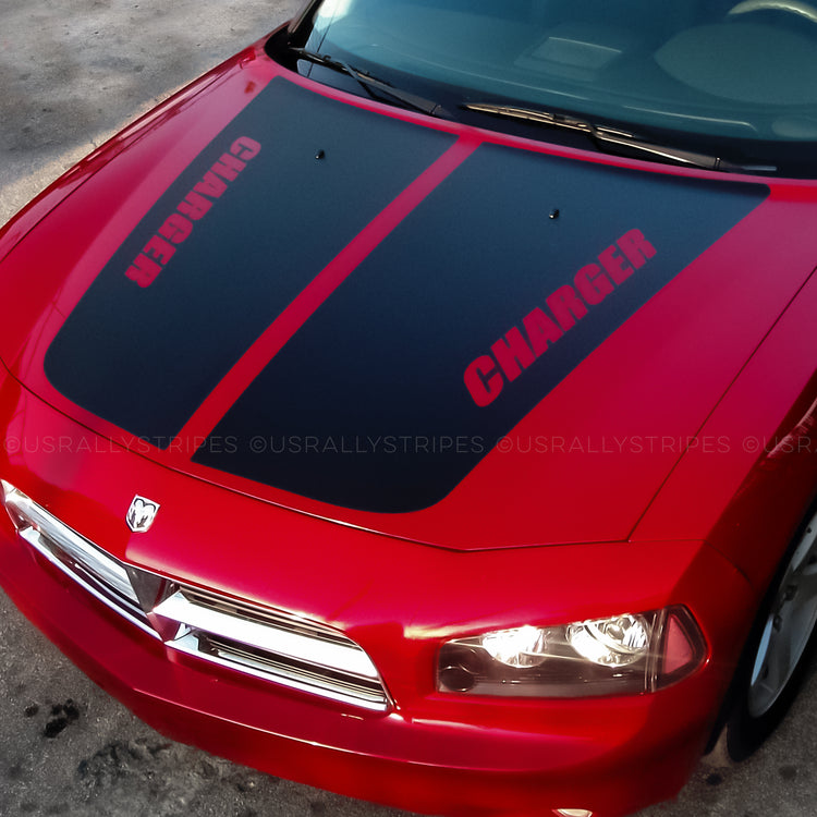 Hood stripes w/ CHARGER cut-out pre-cut decal set fits Dodge 2006-2010 - US Rallystripes